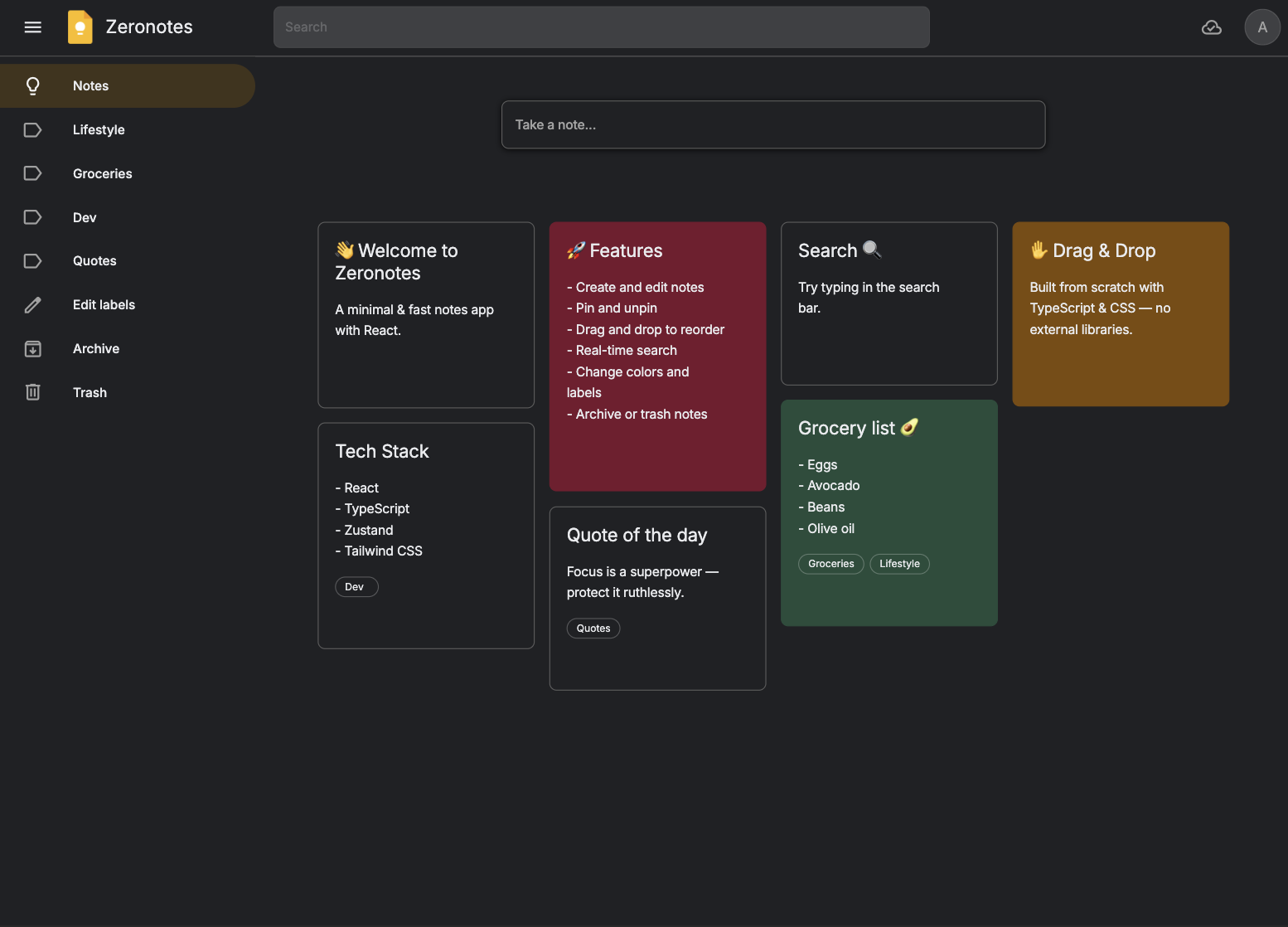Zeronotes screenshot